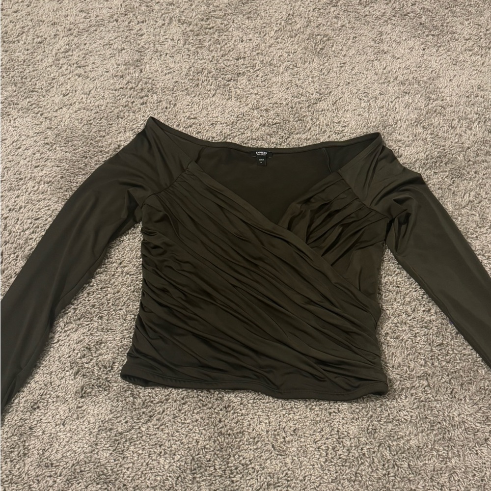 Express Olive Ruched Off-Shoulder Blouse